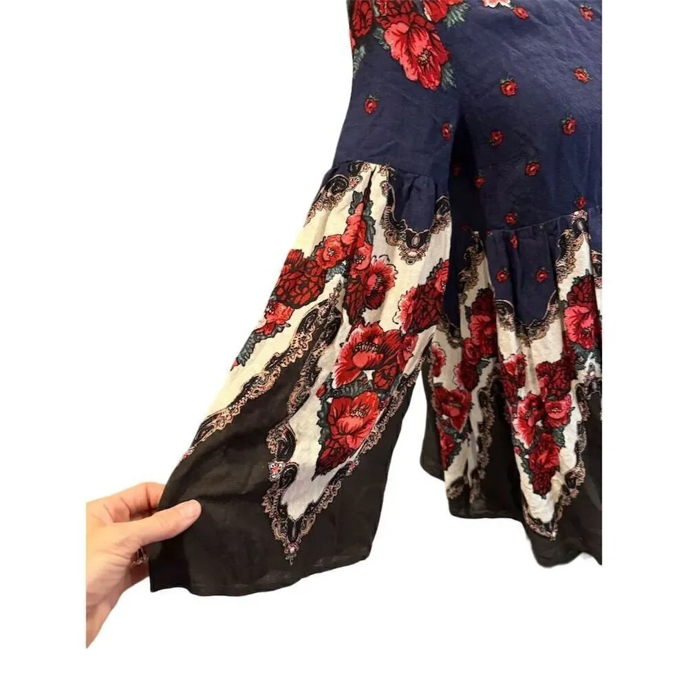 Free People Floral Tapestry Boho Peasant Dress Multicolor Long Sleeve Size XS